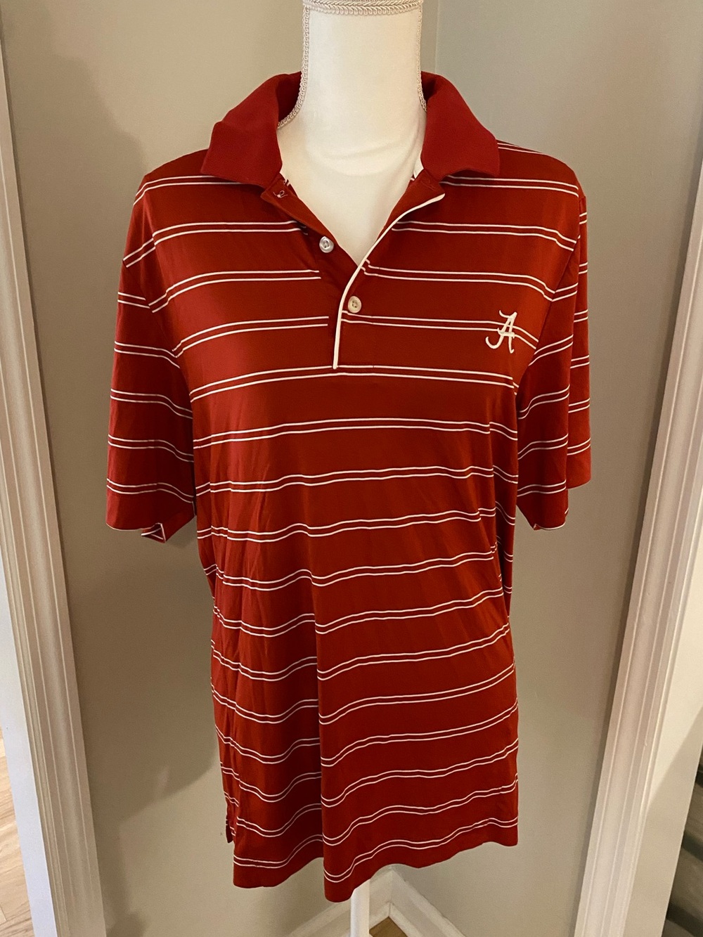 Men's Crimson  Tide Striped Polo Shirt with Script “A” By Cutter & Buck Size M